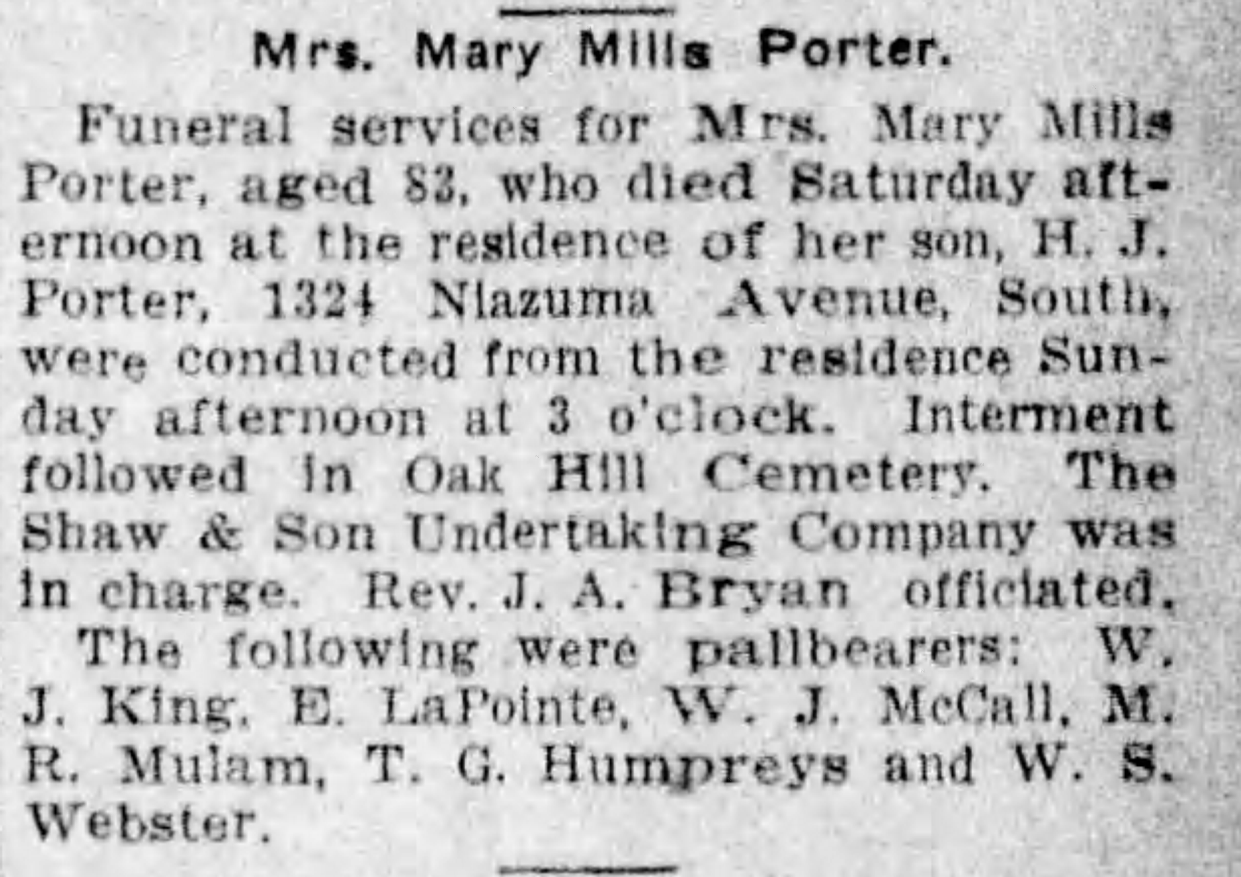 Mary Mills Porter obituary